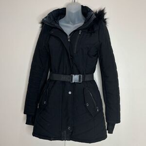 MICHAEL Michael Kors Black Belted Puffer Jacket size small hooded faux fur coat